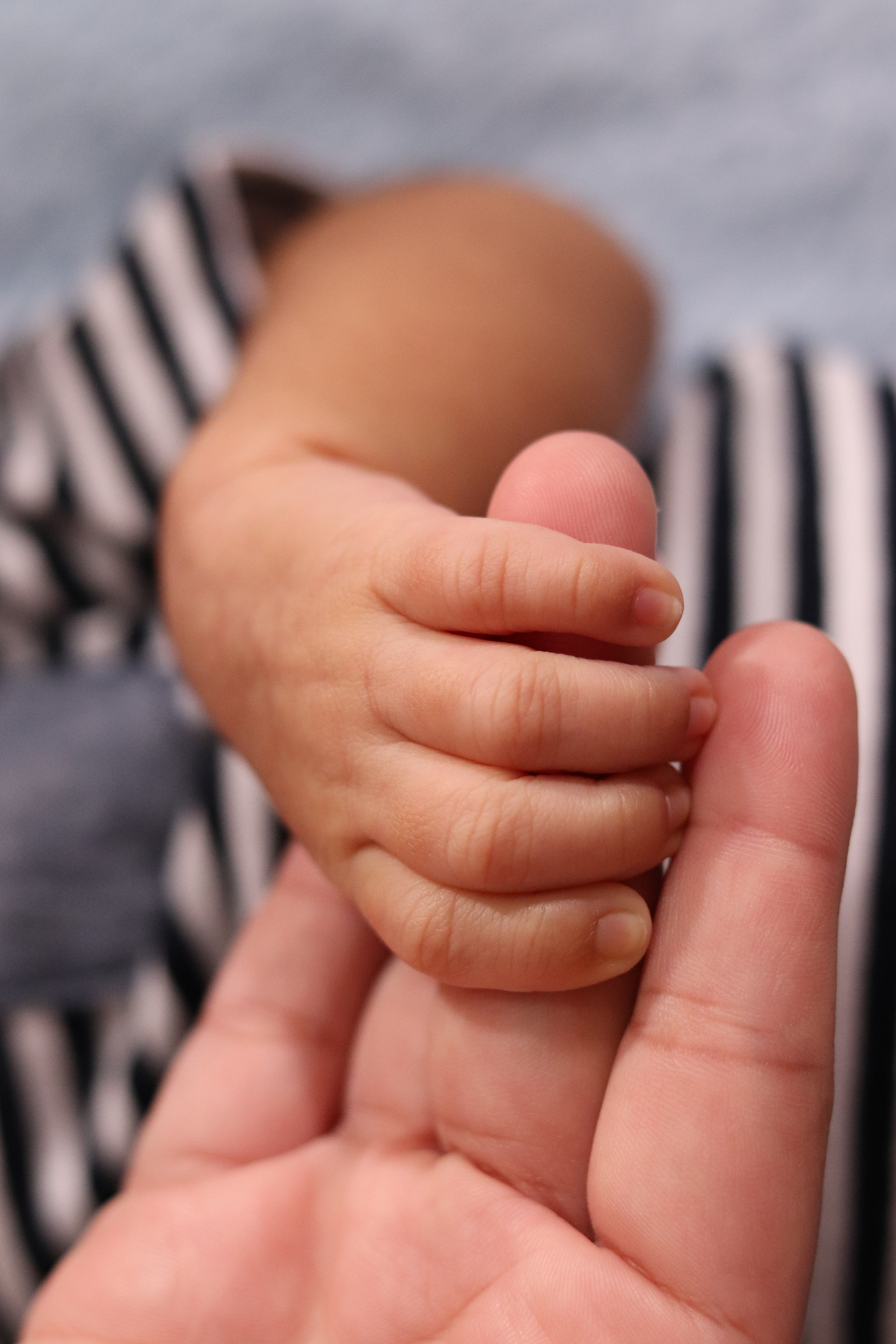 Mão de bebê segurando o dedo de um adulto